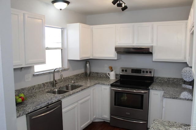 kitchen with stainless steel range with electric cooktop, dishwasher, white cabinets, and sink