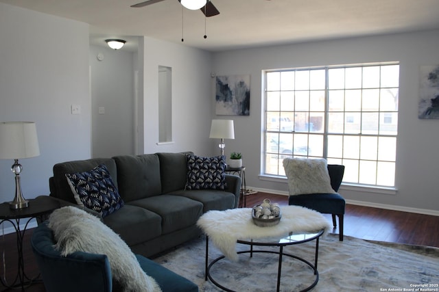 living room featuring ceiling fan and hardwood / wood-style floors