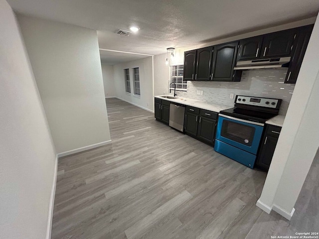 kitchen with sink, backsplash, light hardwood / wood-style flooring, and stainless steel appliances