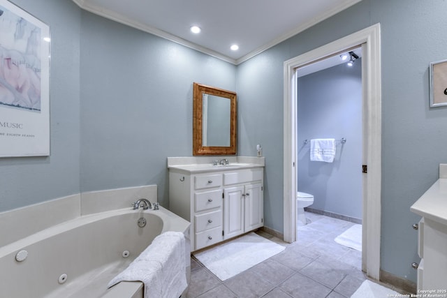 bathroom featuring ornamental molding, vanity, toilet, and a bathing tub