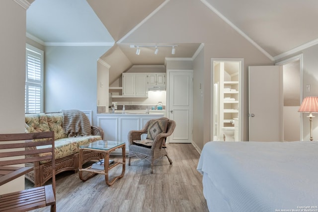 bedroom with lofted ceiling, ornamental molding, and light hardwood / wood-style floors