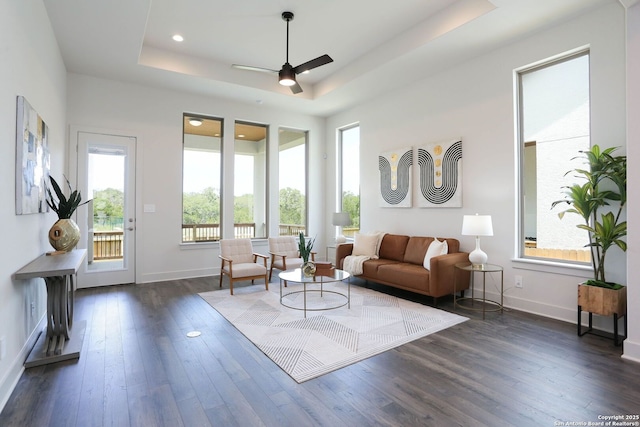 28411 Cohaset Way, San Antonio, TX 78260 - living area with a raised ceiling, dark wood finished floors, baseboards, a ceiling fan, and recessed lighting