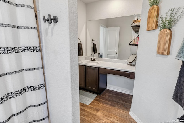 bathroom with hardwood / wood-style floors and vanity