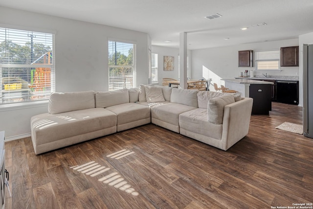 living room with sink, dark wood-type flooring, and a wealth of natural light