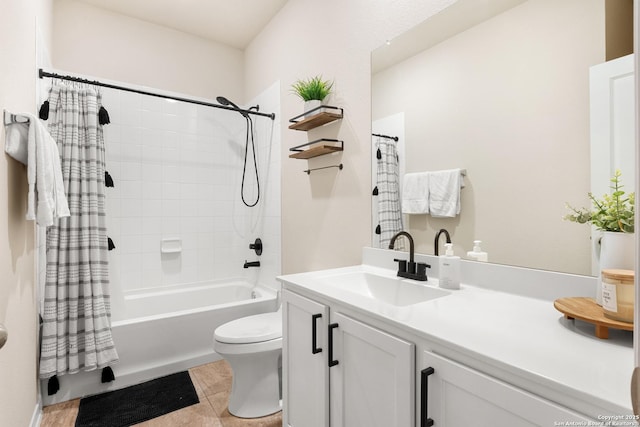 full bathroom featuring toilet, vanity, and shower / bath combination with curtain