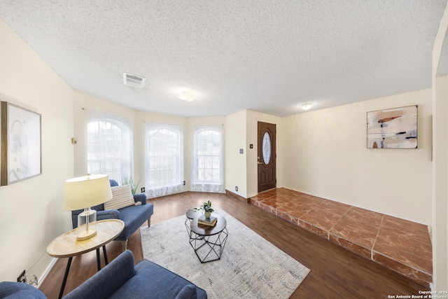 living room with a textured ceiling and hardwood / wood-style flooring