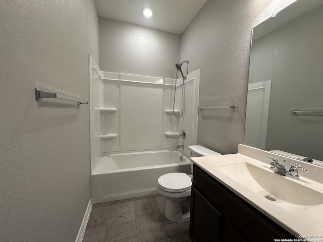 full bathroom with toilet, bathtub / shower combination, and vanity