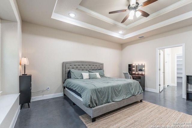 bedroom with ceiling fan, ornamental molding, and a raised ceiling