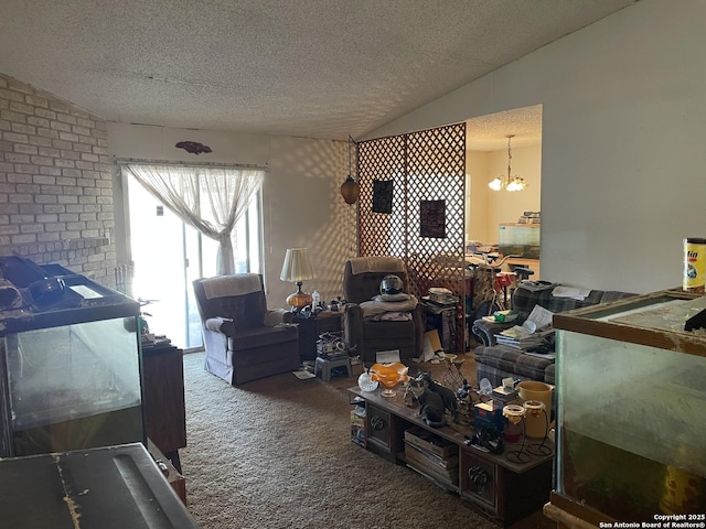 living room featuring carpet floors, a textured ceiling, and lofted ceiling