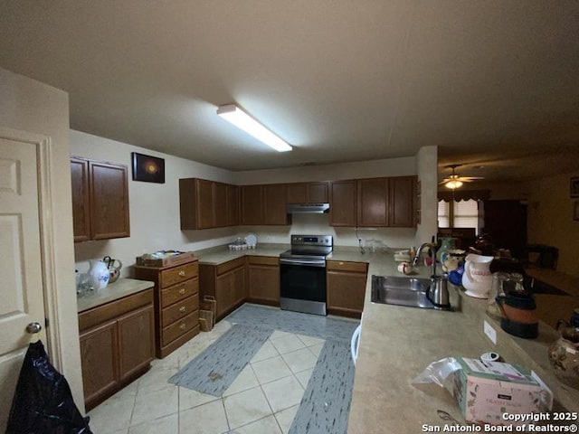 kitchen with sink, ceiling fan, and stainless steel range with electric cooktop