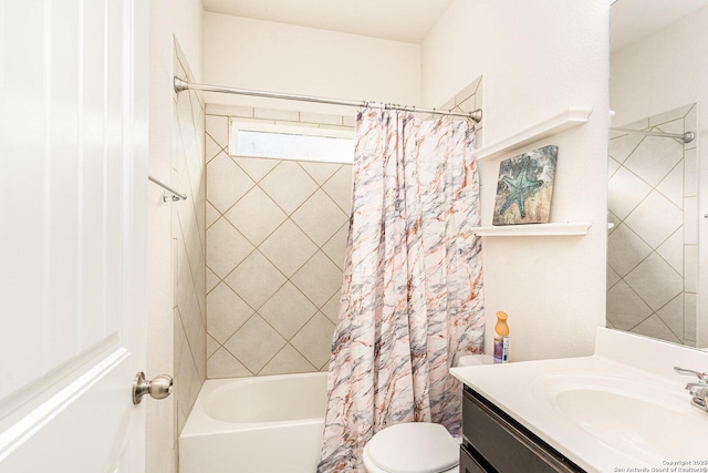 full bathroom featuring toilet, vanity, and shower / tub combo