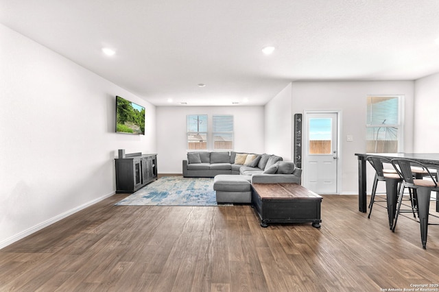 living room featuring a wealth of natural light and hardwood / wood-style floors