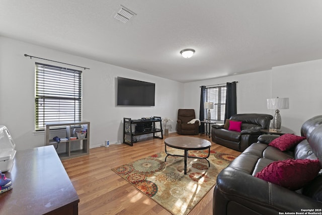 living room with light wood-type flooring and a textured ceiling