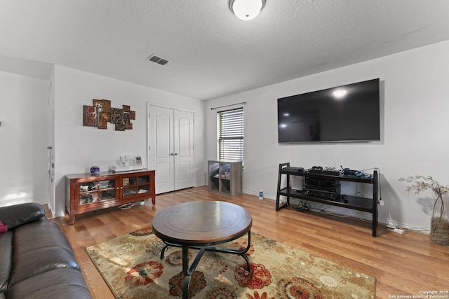 living room featuring a textured ceiling and wood-type flooring