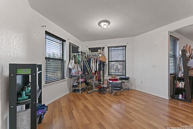 misc room featuring wood-type flooring and a textured ceiling