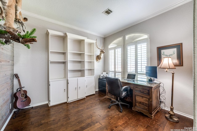 office area featuring ornamental molding and dark hardwood / wood-style flooring