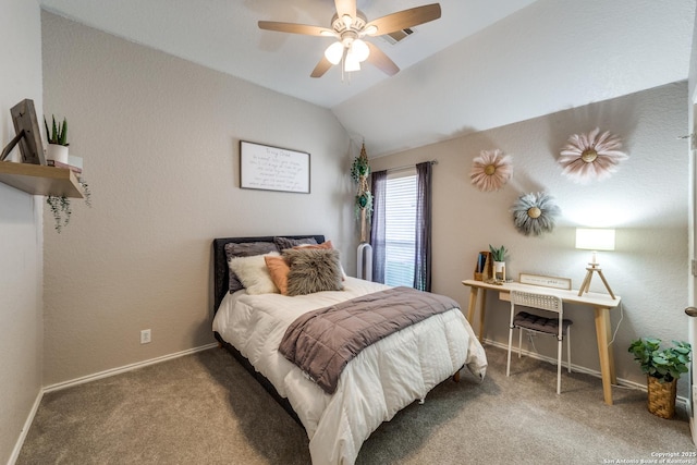 bedroom with vaulted ceiling, carpet, and ceiling fan