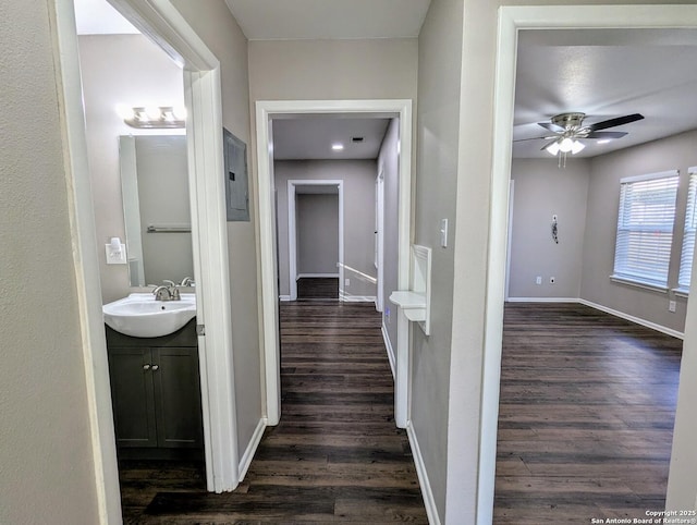 hall featuring sink, dark hardwood / wood-style floors, and electric panel