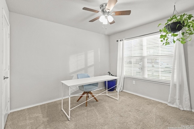 carpeted office space featuring ceiling fan