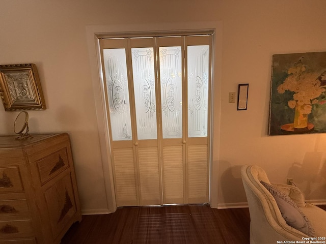 doorway with dark hardwood / wood-style floors