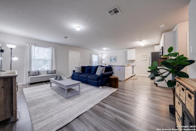 living room with light hardwood / wood-style floors and a textured ceiling