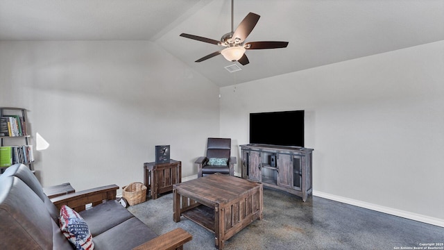 living room with ceiling fan and vaulted ceiling