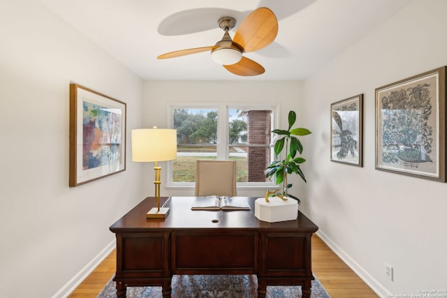 office featuring ceiling fan and light wood-type flooring