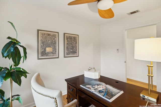 office featuring ceiling fan and wood-type flooring