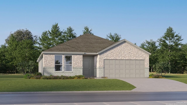 ranch-style house featuring a garage and a front yard