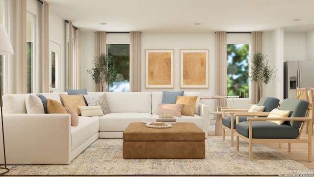 living room featuring a healthy amount of sunlight and light hardwood / wood-style flooring