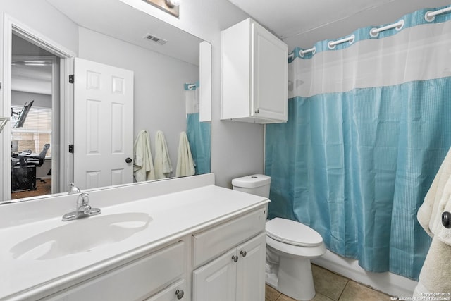 full bathroom with toilet, visible vents, vanity, tile patterned floors, and shower / bath combination with curtain