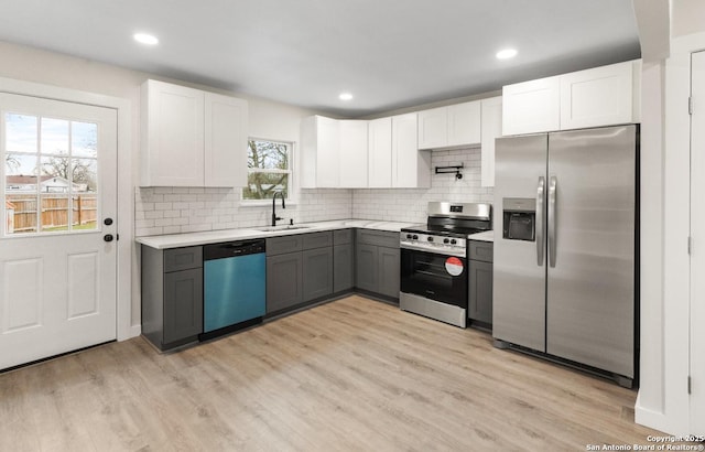 kitchen with backsplash, light hardwood / wood-style floors, sink, appliances with stainless steel finishes, and white cabinets