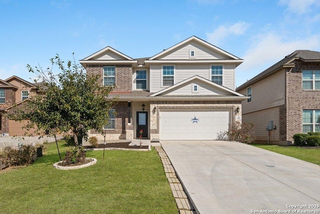 view of front of house featuring a front lawn and a garage