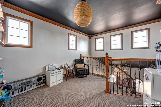 sitting room featuring carpet and crown molding