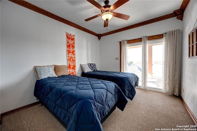 bedroom with access to exterior, carpet floors, ornamental molding, ceiling fan, and baseboards