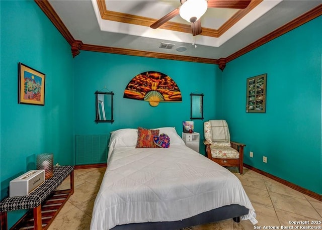 tiled bedroom featuring ceiling fan, crown molding, and a raised ceiling