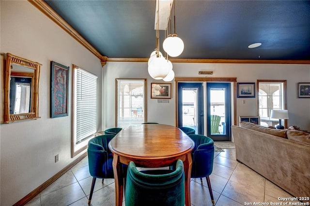 dining space featuring vaulted ceiling, light tile patterned floors, and ornamental molding