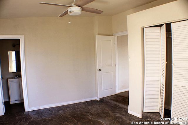 unfurnished bedroom featuring a closet and ceiling fan