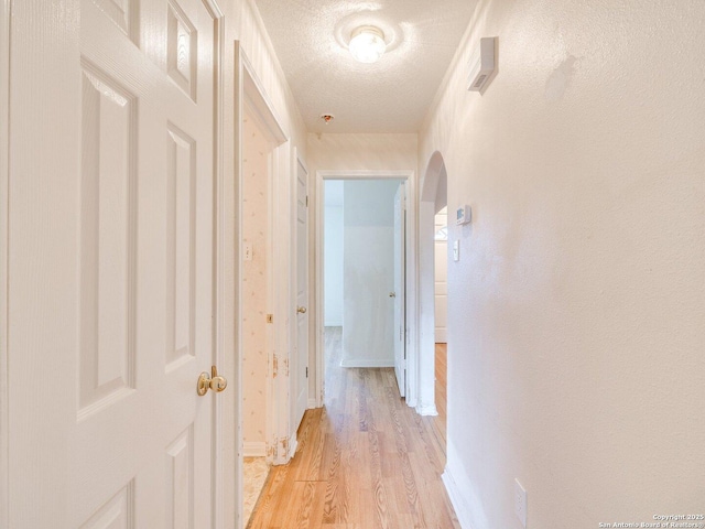 corridor featuring a textured ceiling and light wood-type flooring