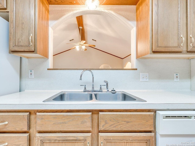 kitchen featuring light brown cabinetry, sink, dishwasher, and ceiling fan