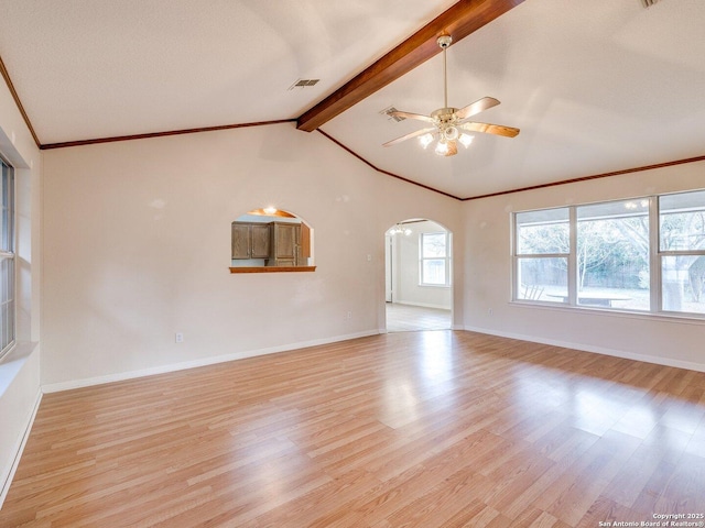 unfurnished living room featuring ceiling fan, vaulted ceiling with beams, light wood-type flooring, and a textured ceiling