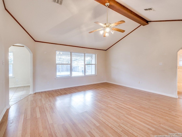 empty room with ceiling fan, vaulted ceiling with beams, and light hardwood / wood-style floors