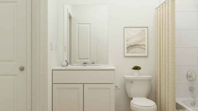 full bathroom featuring toilet, vanity, and shower / bath combination with curtain