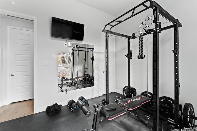 workout area featuring hardwood / wood-style flooring