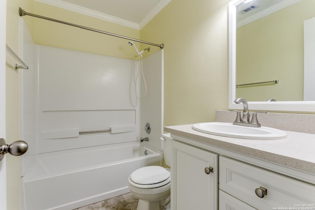 full bathroom with crown molding, vanity, toilet, and  shower combination