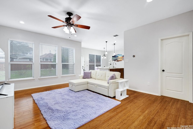 living room featuring ceiling fan, sink, and hardwood / wood-style floors