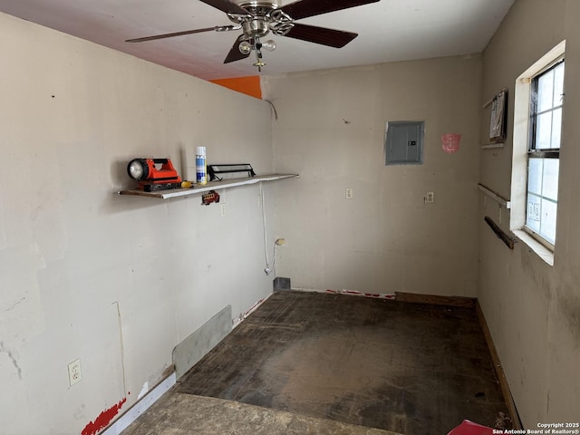 washroom with ceiling fan, plenty of natural light, and electric panel