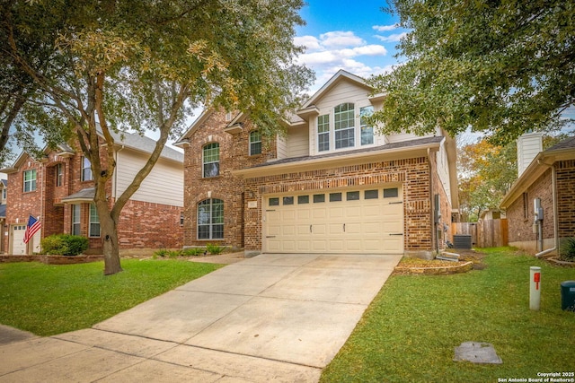 front of property featuring a front lawn, central AC, and a garage