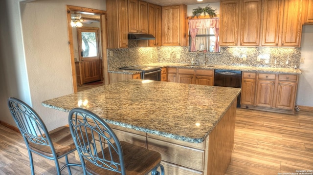 kitchen featuring ceiling fan, stove, light wood-type flooring, and sink