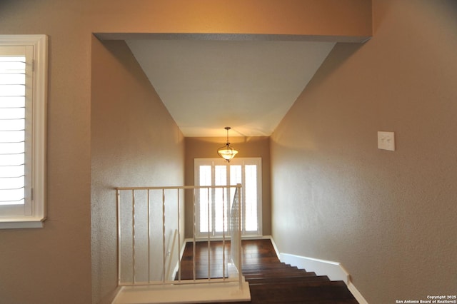 stairway featuring hardwood / wood-style flooring